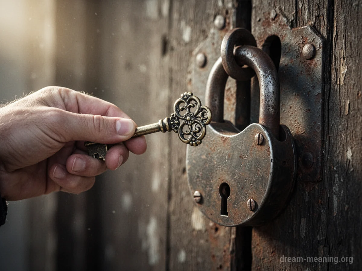 A hand holds a key near a padlock.