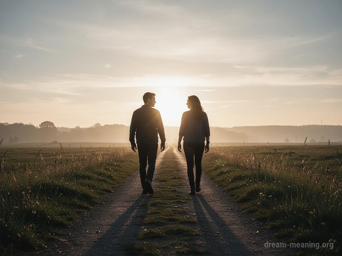 Two silhouetted figures walking towards each other on a path.