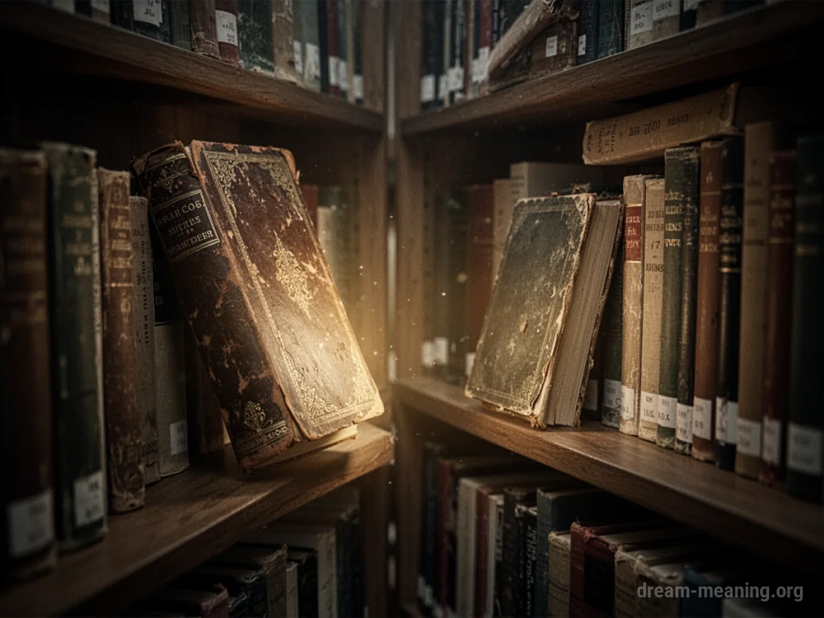 A hand reaching for an old, illuminated book on a library shelf.