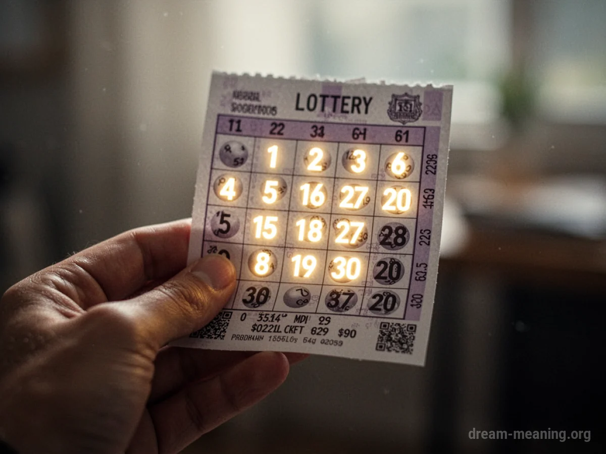 A hand holding a lottery ticket with glowing numbers.