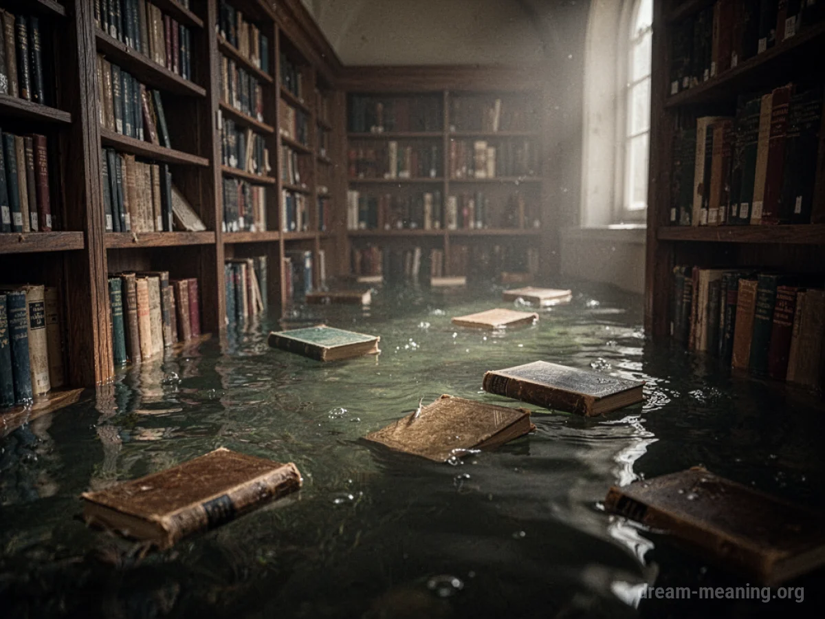 A library interior with water covering the floor and lower shelves.