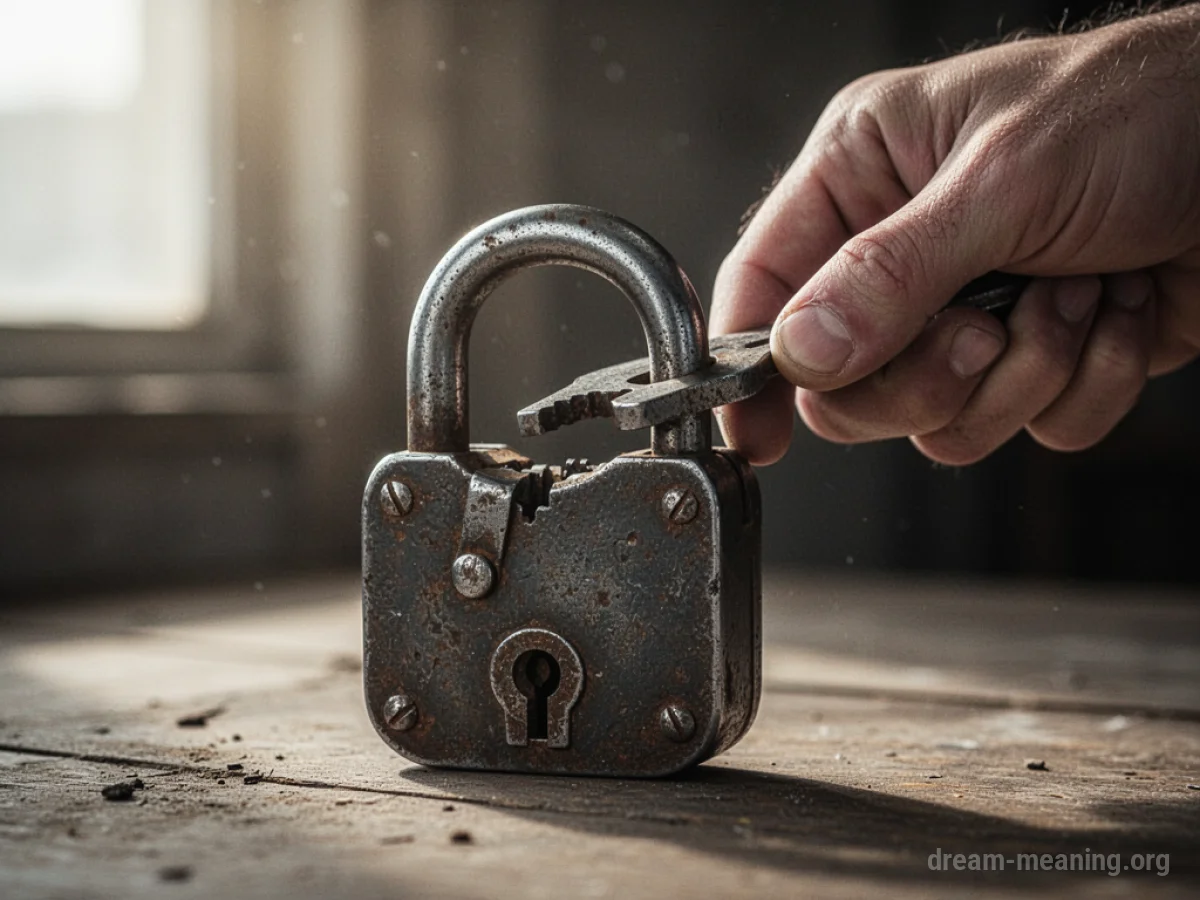 A hand holding a metal tool trying to force open a closed padlock.
