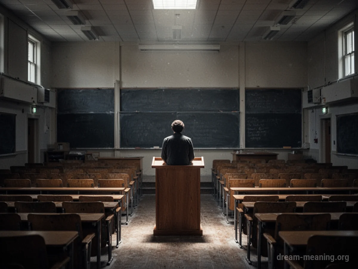 A single person stands at an empty lectern in a vast, shadowy auditorium.