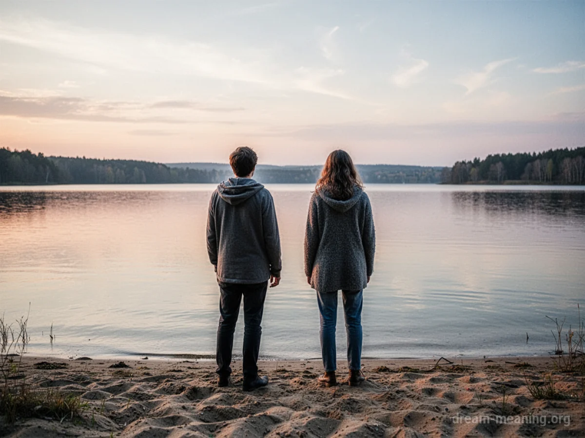 Two people standing on a lakeshore.