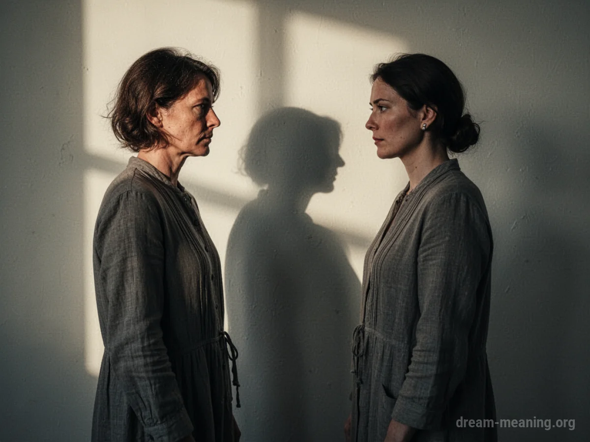 Two silhouetted figures with a distorted shadow connecting them.