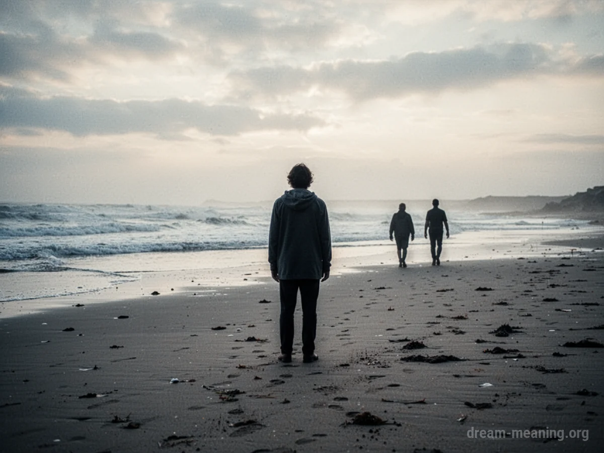 A single person standing on a beach with several figures walking away into the distance.
