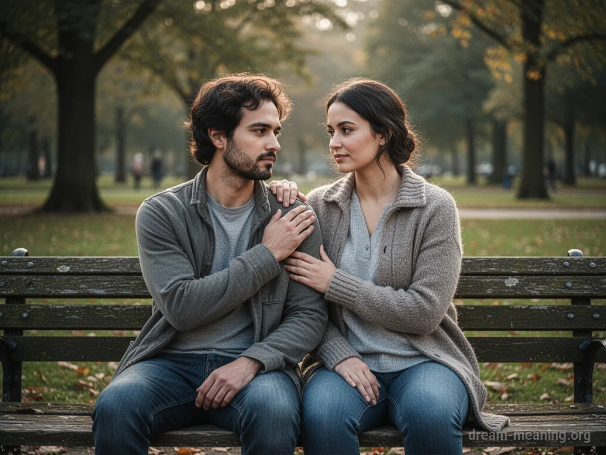 Two figures sitting side-by-side on a park bench, one person comforting the other.