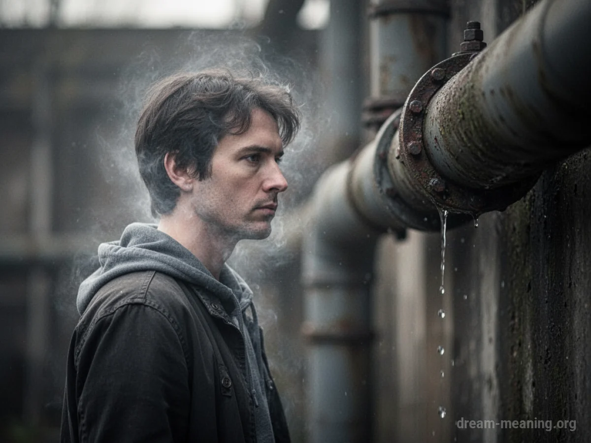 A silhouette of a person with a faint gray haze around them, near a dripping pipe.