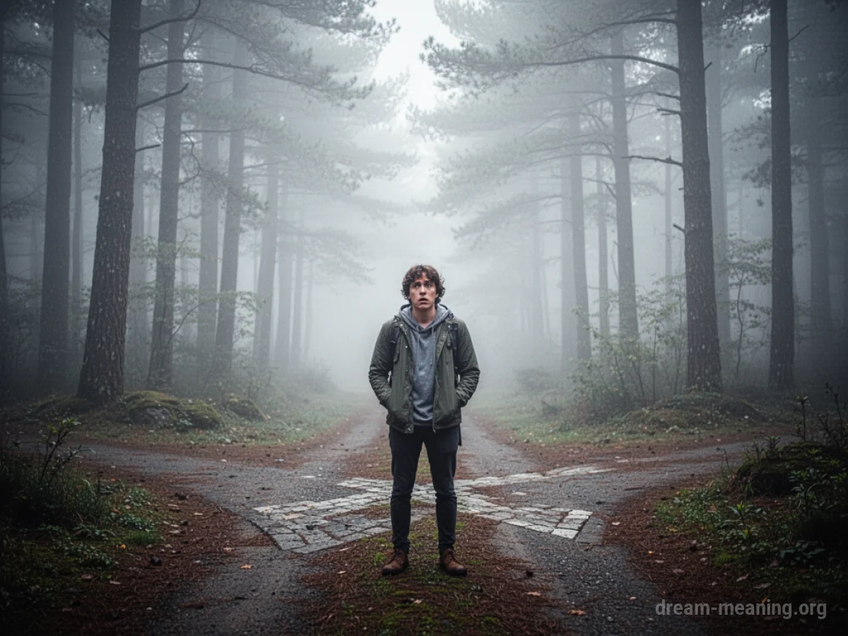 A person stands at a fork in a foggy path in a forest.
