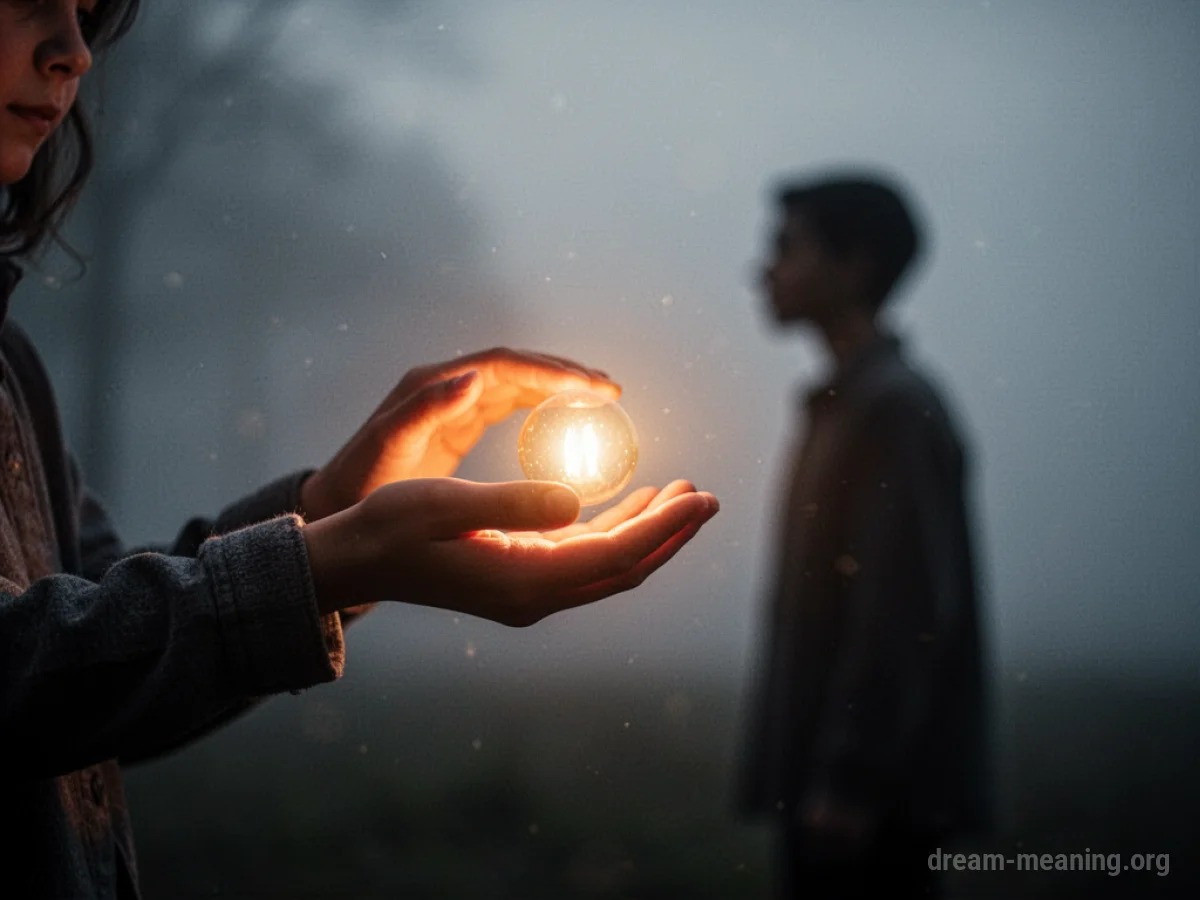 A hand extends a soft light towards a distant silhouette.