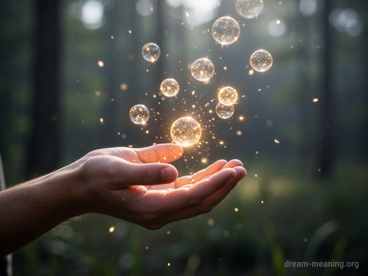 A hand releasing glowing orbs into the air.