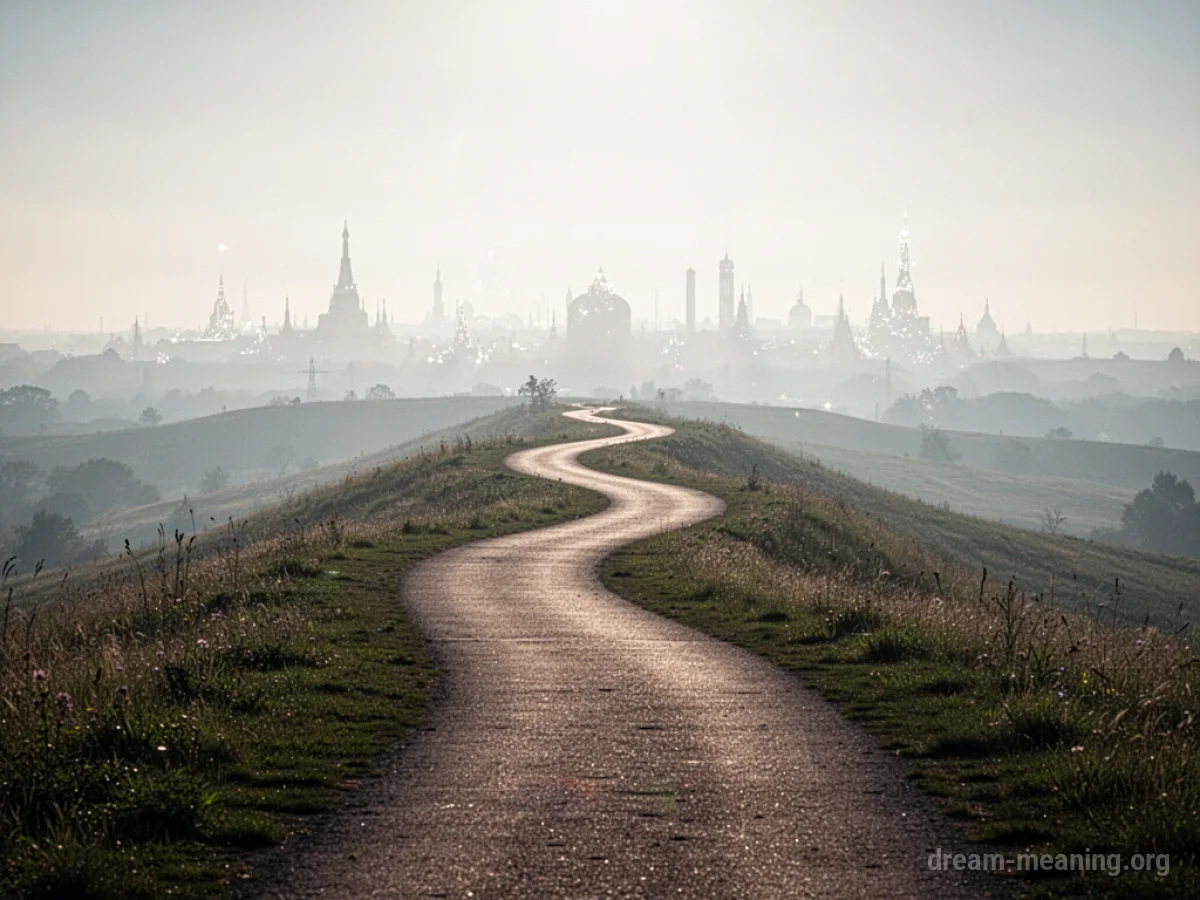 A path leading towards a distant, bright horizon with faint structures.