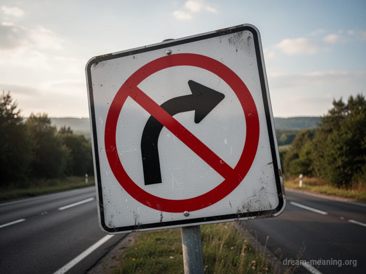 A road sign with a warning symbol for a sharp curve, partially obscured by a red circle and slash.