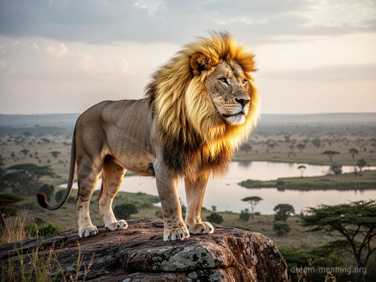 A golden-maned lion standing on a cliff.