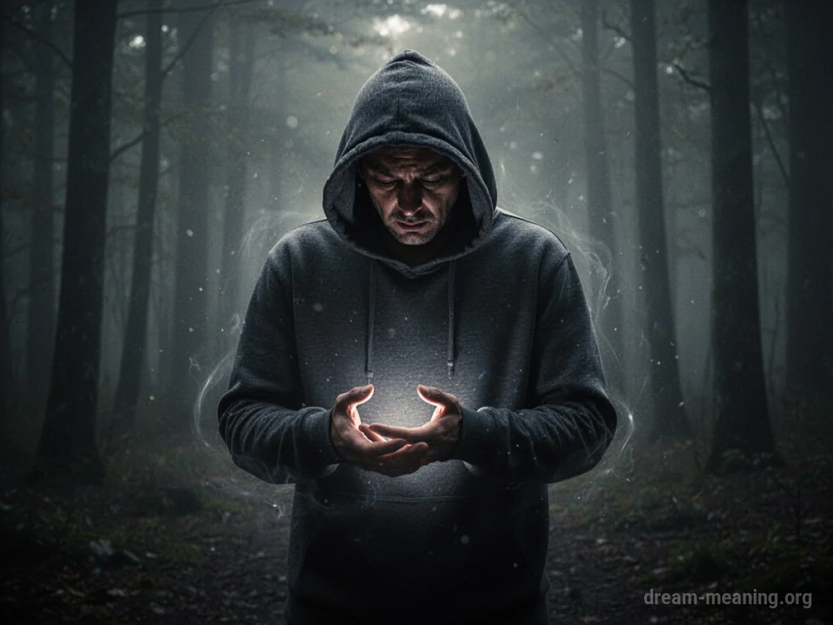 Silhouette of a person looking down at their hands in a dimly lit space.