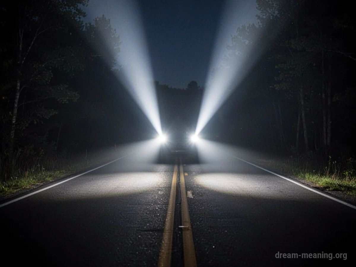 Two bright beams of light shining on a dark road.