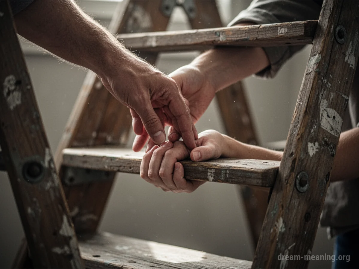 A person's hand reaching down from a ladder to assist another hand.