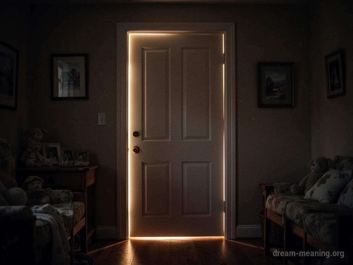 A sliver of light is visible beneath a closed door.