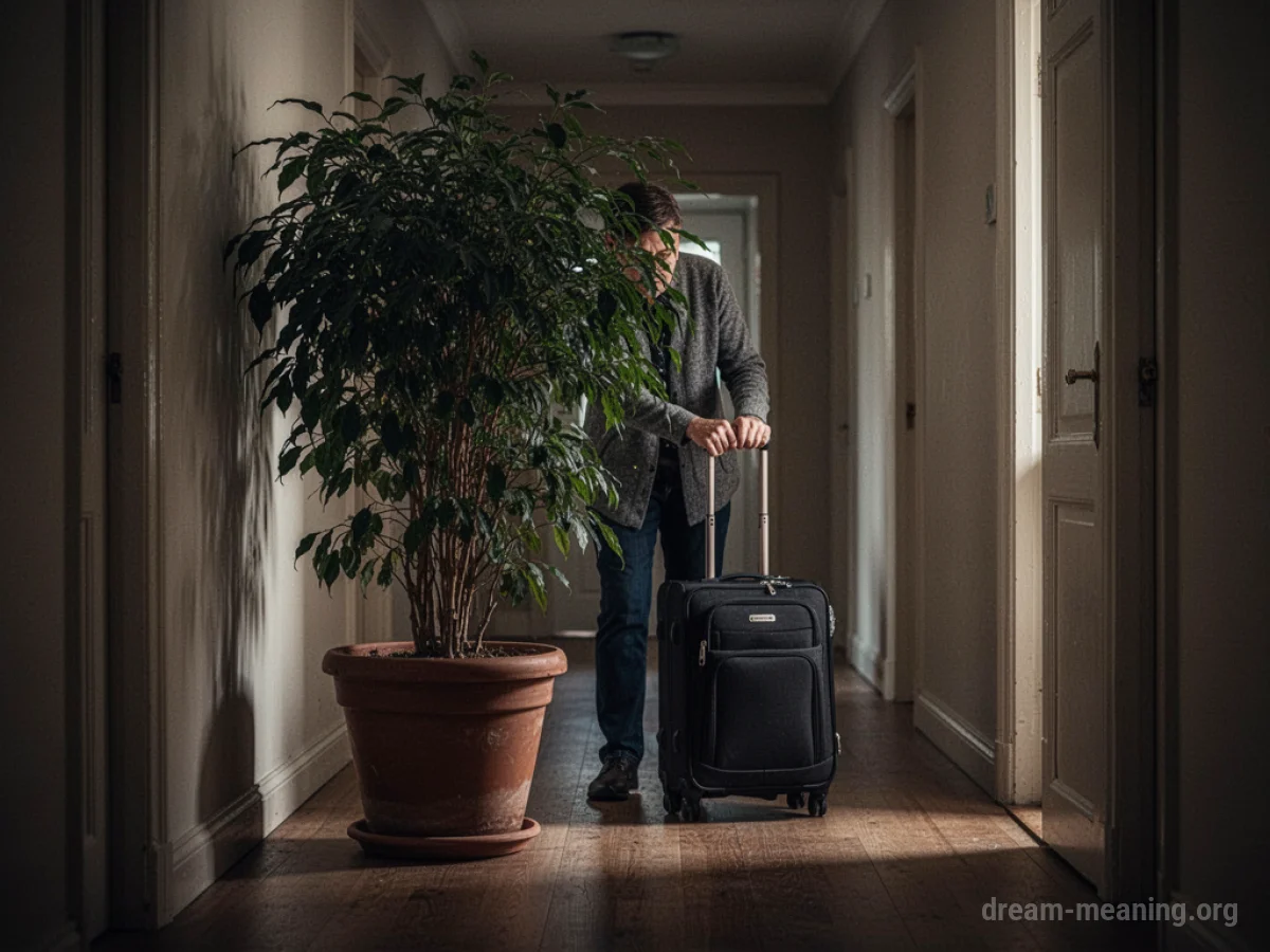 A suitcase being pushed behind a plant in a hallway.