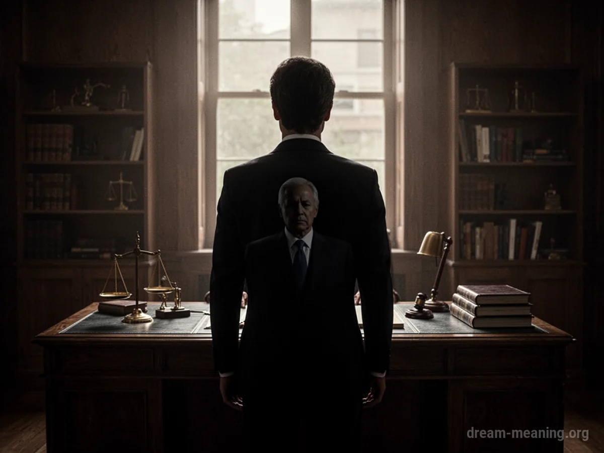 Silhouette of a person facing a lawyer behind a desk.