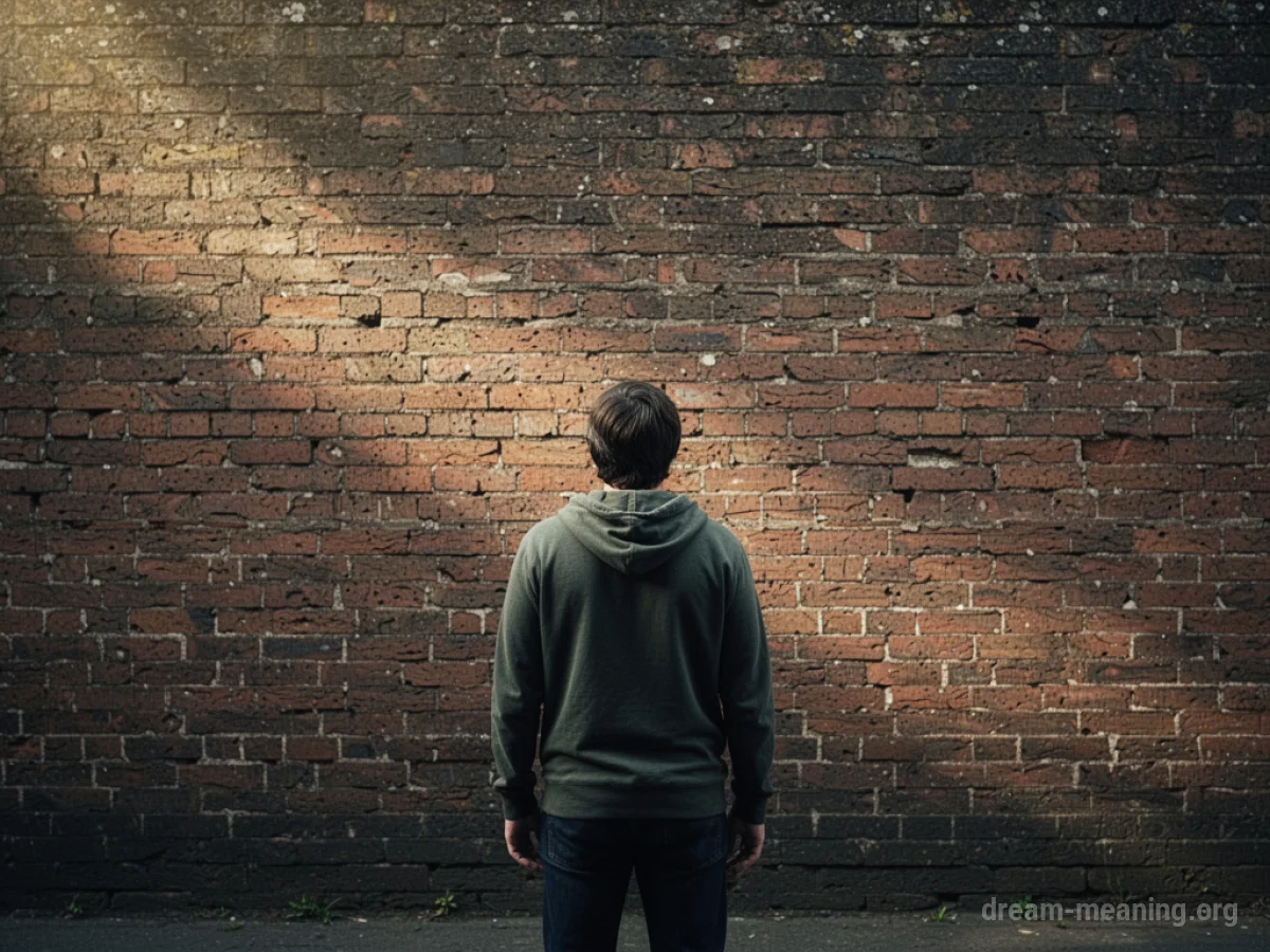 A person facing a tall brick wall.