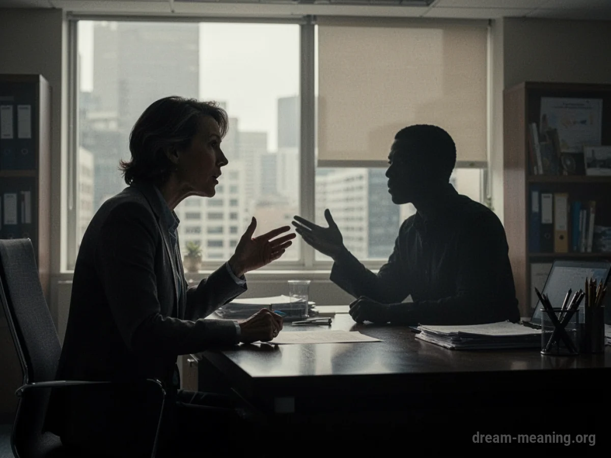 Silhouette of an employee speaking to a boss figure in an office setting.