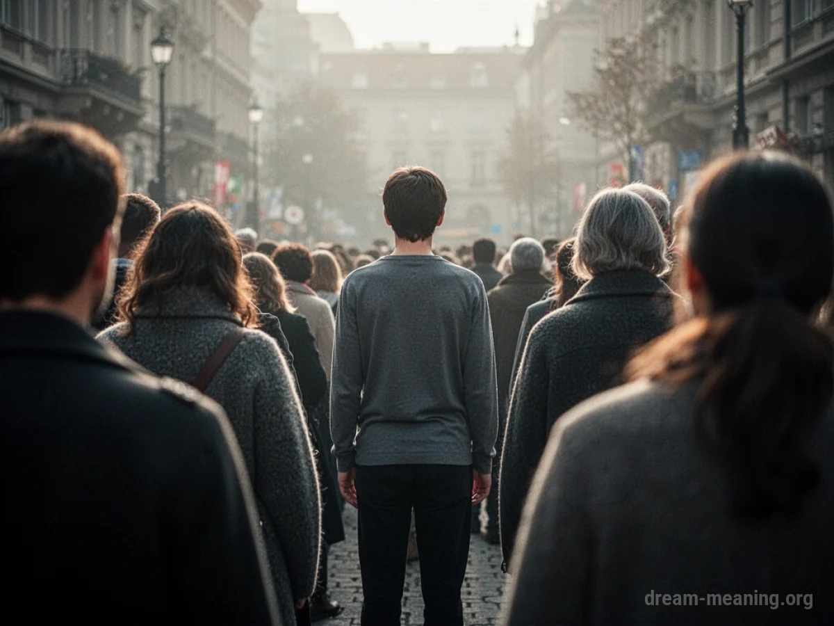 A person standing alone while others face away.