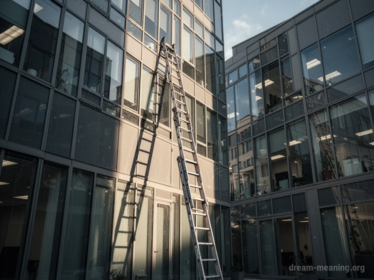 A ladder leaning against an office building.