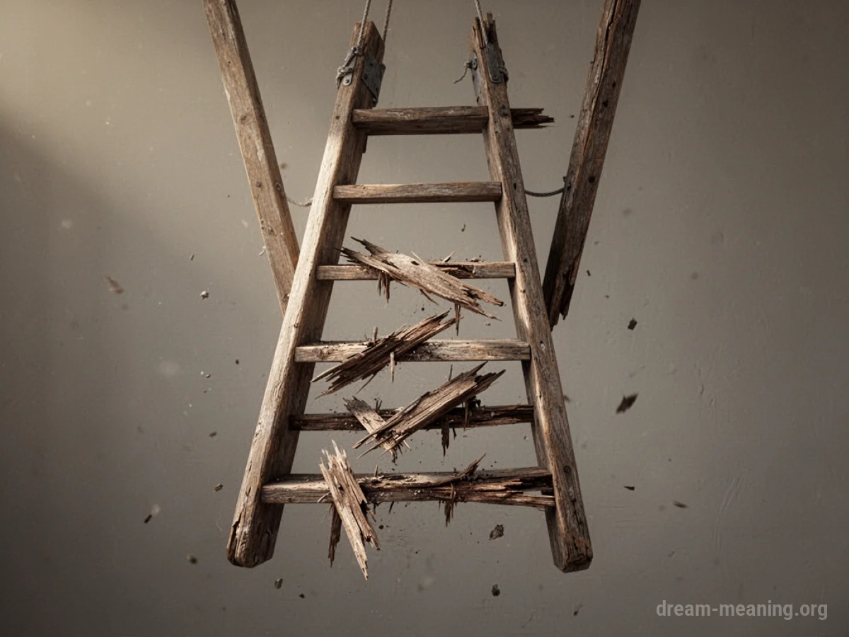 A broken wooden ladder with missing and splintered rungs.