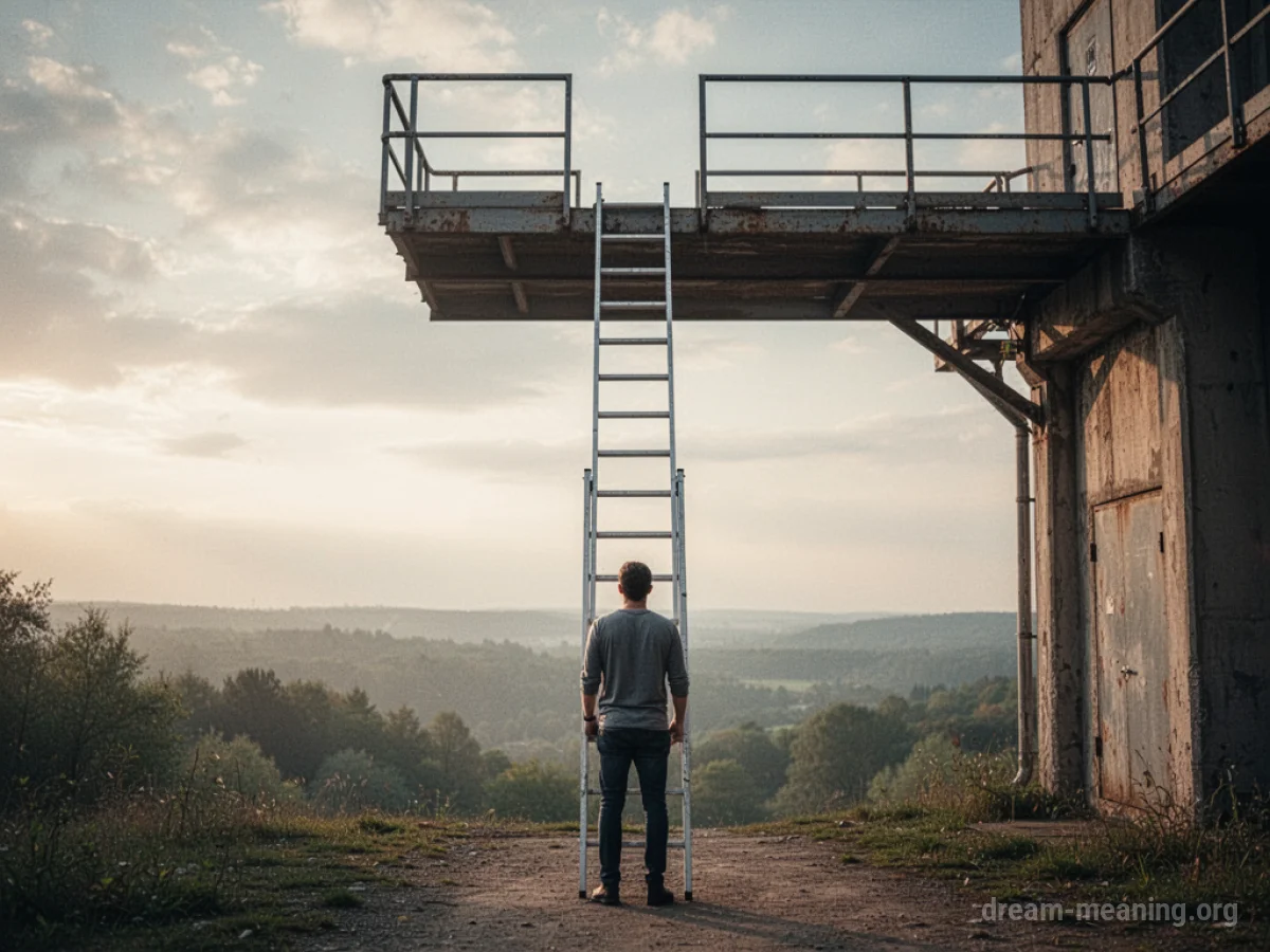 A person looking up at a short ladder.
