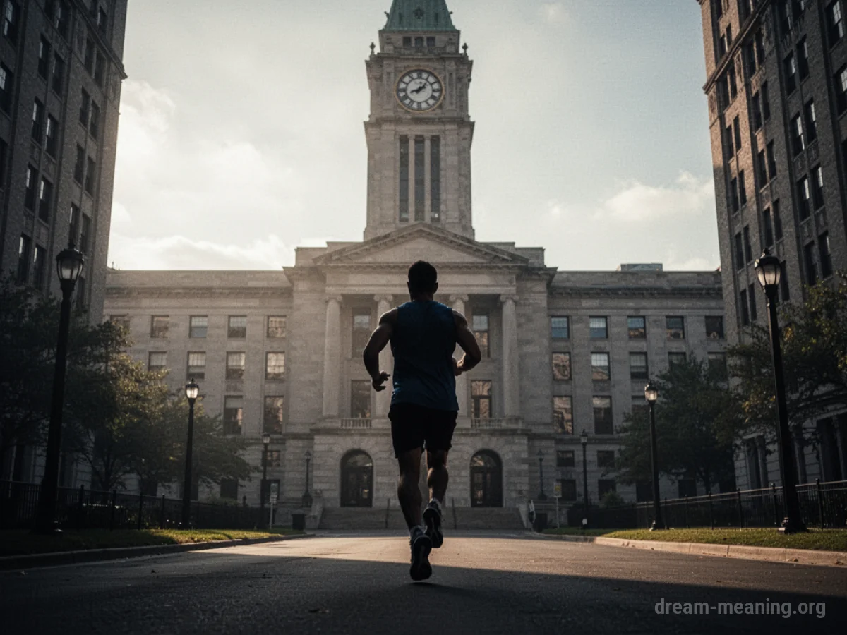 Silhouette of a person running towards a building.