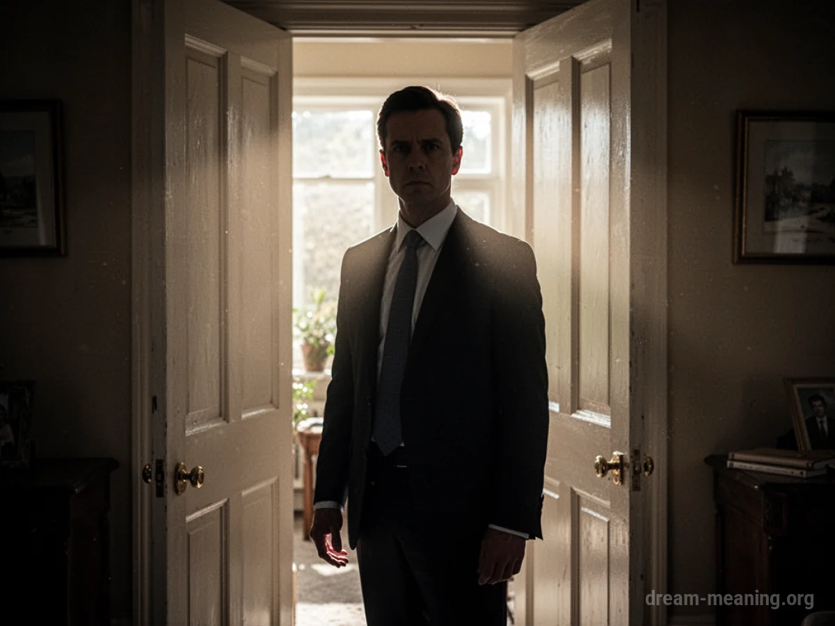 Silhouette of a lawyer figure standing in a house doorway.