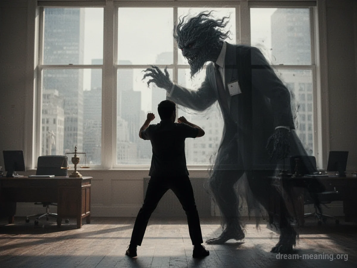 Silhouette of a person facing a looming shadowy figure.