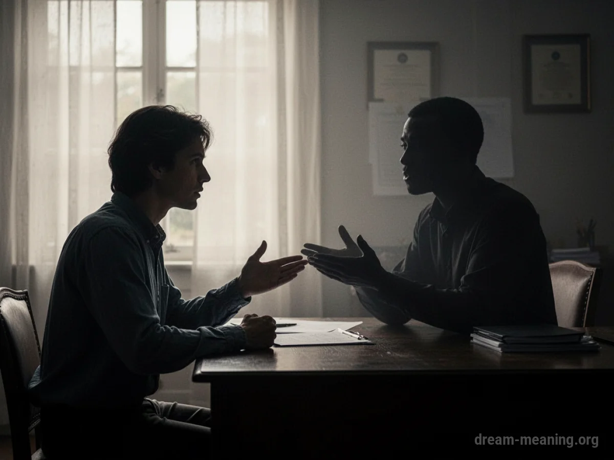 Silhouette of a person listening to a shadowy figure behind a desk.