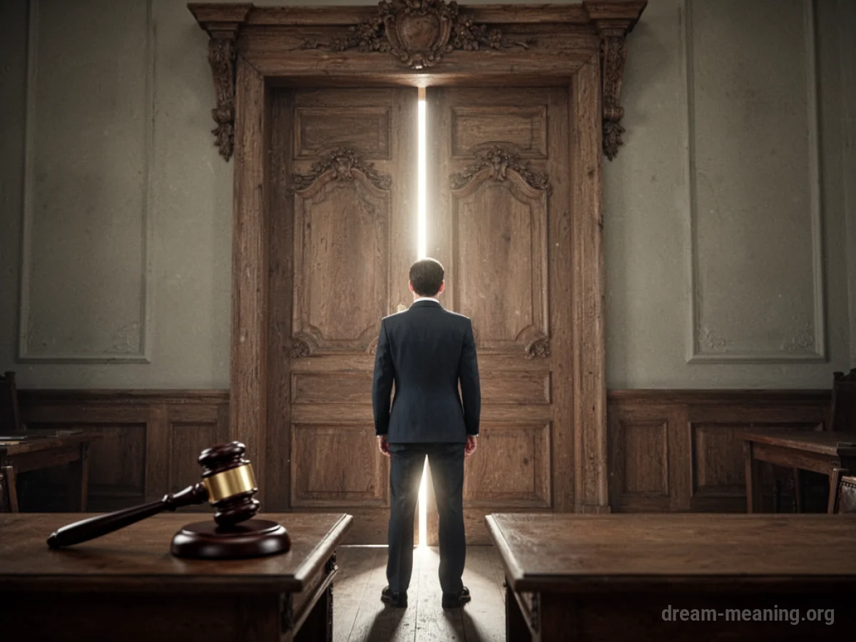 A person stands before a large wooden door with a gavel on a table nearby.