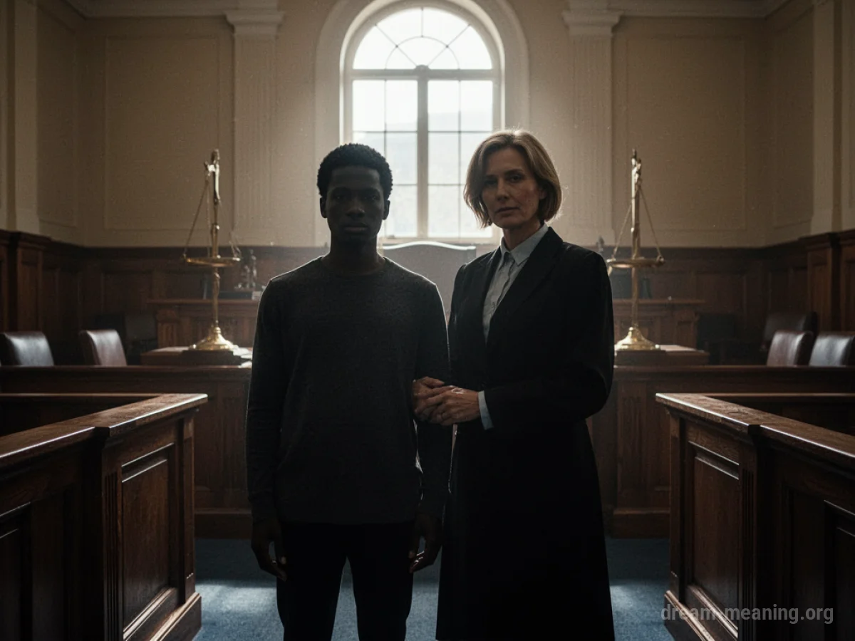 Silhouette of a person and a lawyer in a courtroom.