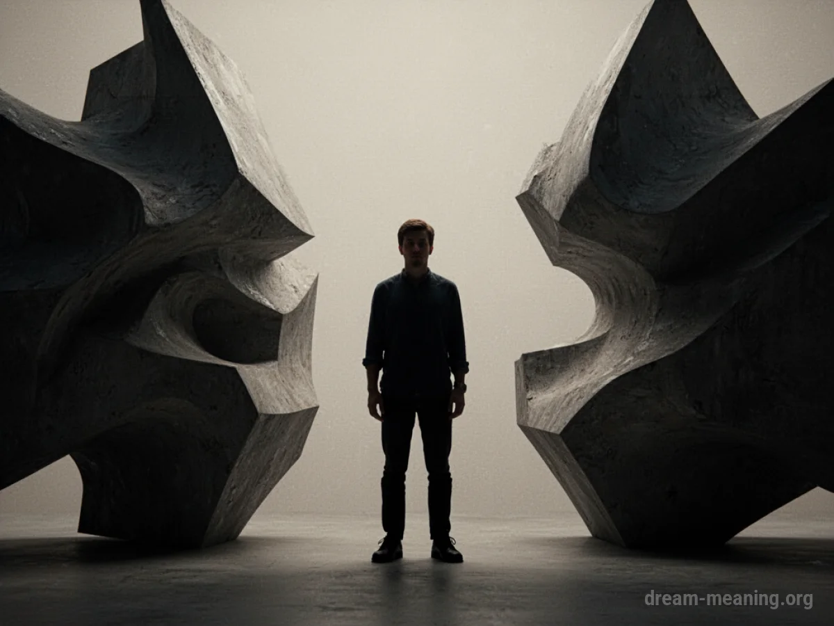 Silhouette figure between two abstract shapes.