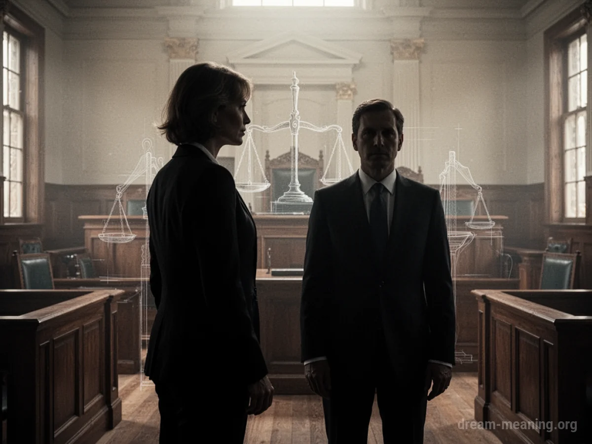 Silhouette of two figures, one appearing to be a lawyer, standing together with a subtle courtroom backdrop.