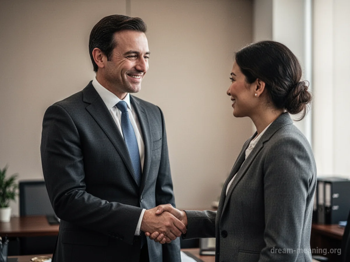 A lawyer offering a hand to another person in an office.
