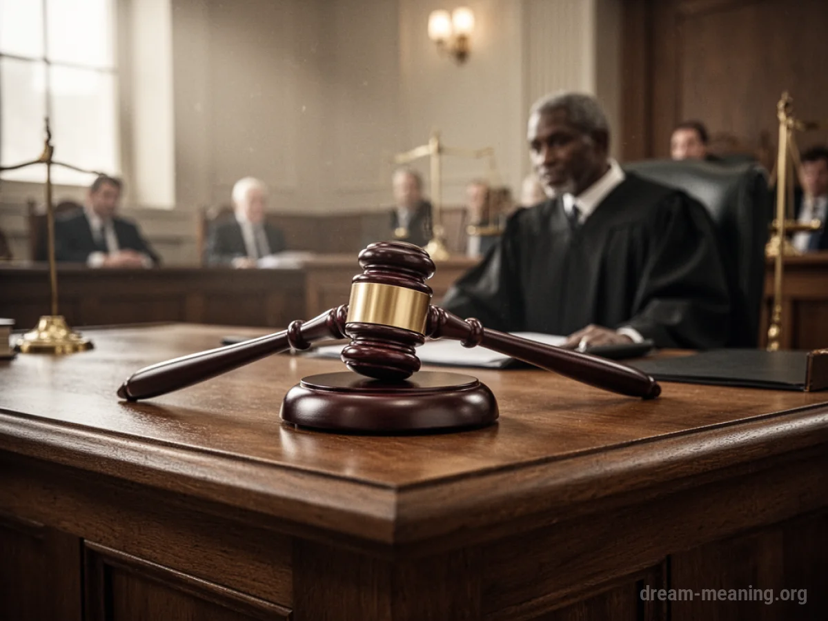A wooden gavel resting on a judge's bench in an empty courtroom.