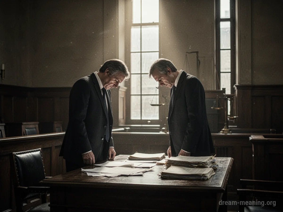 A lawyer in a courtroom with papers scattered on a desk.