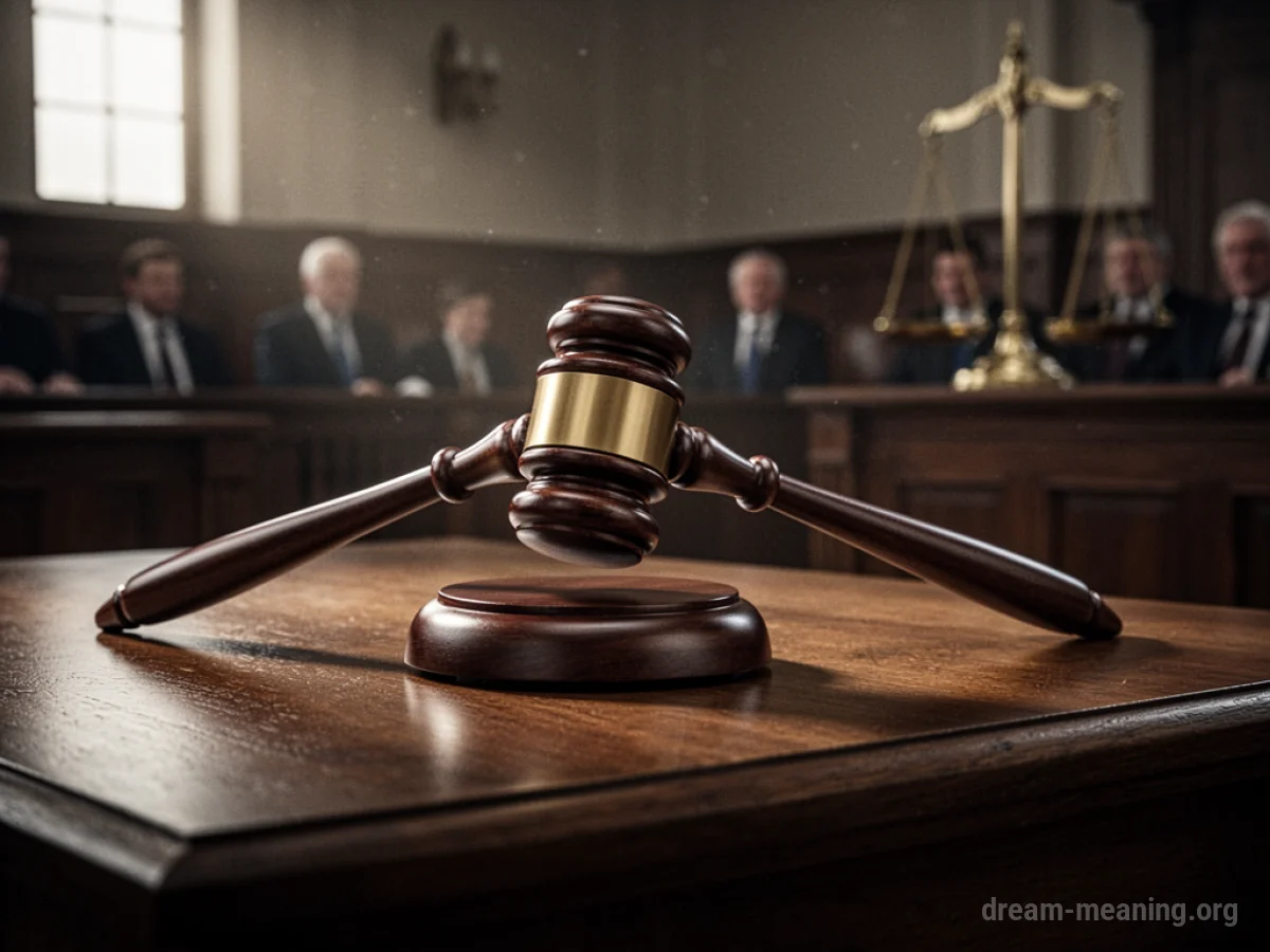 A wooden gavel poised above a sound block on a courtroom desk.
