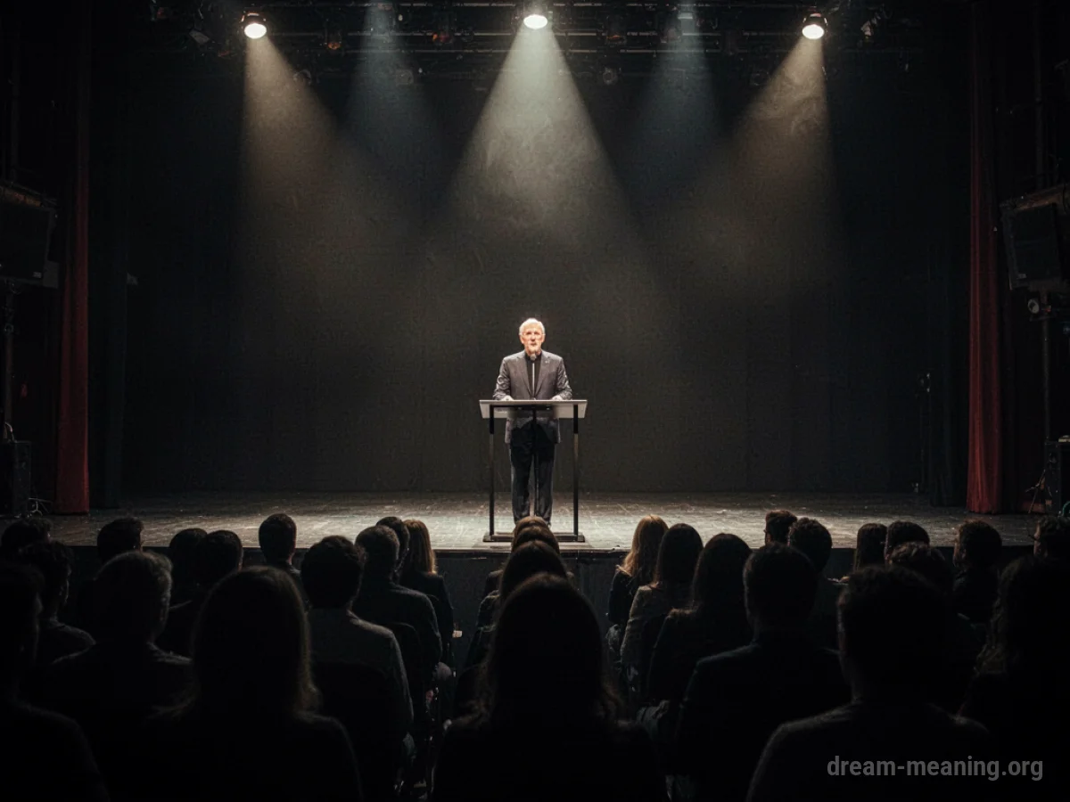 A person speaking from a podium to an audience of shadows.