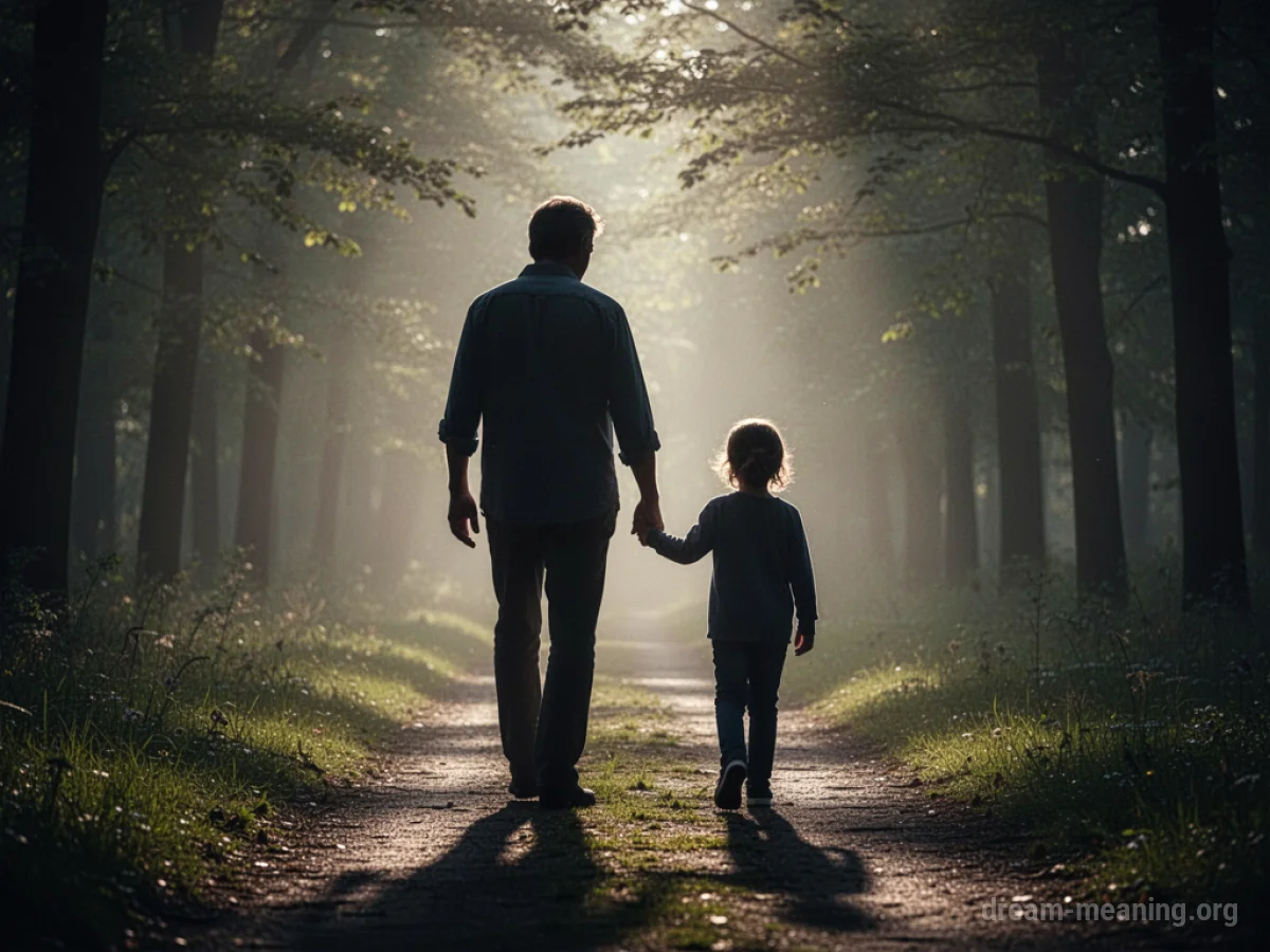 Silhouette of an adult and child walking hand-in-hand on a path.