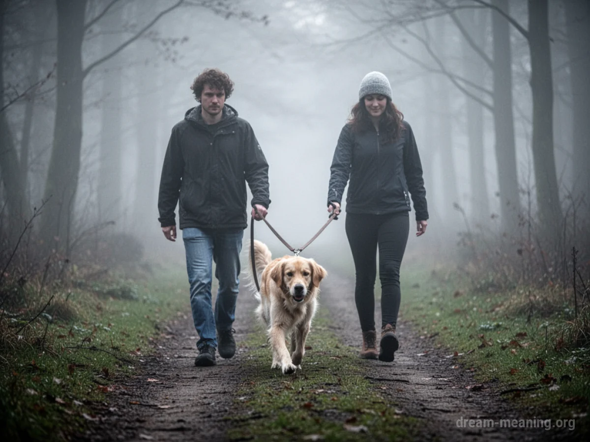 A person walks a dog on a leash on a path.