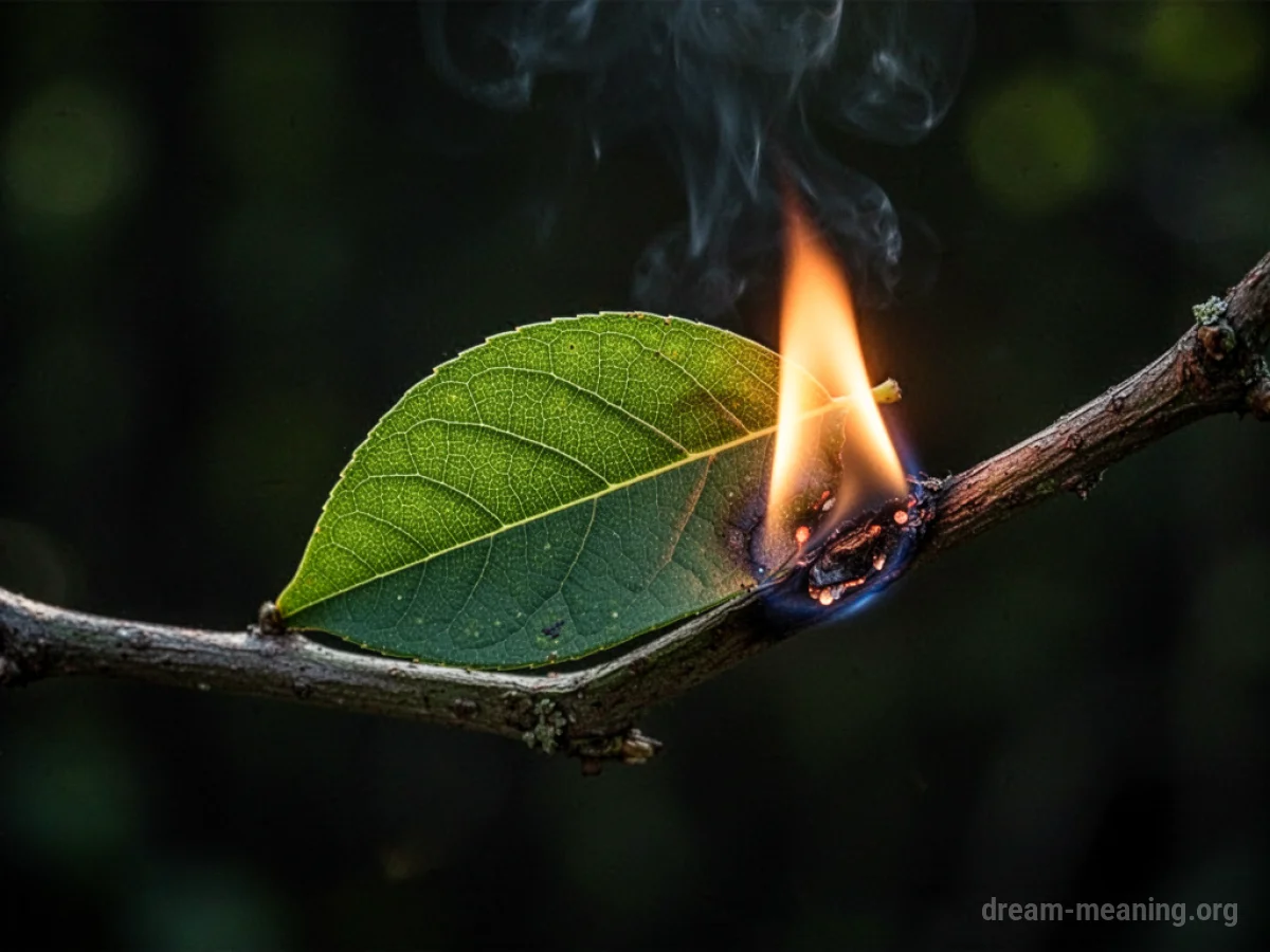 A solitary leaf beginning to burn on a tree branch.