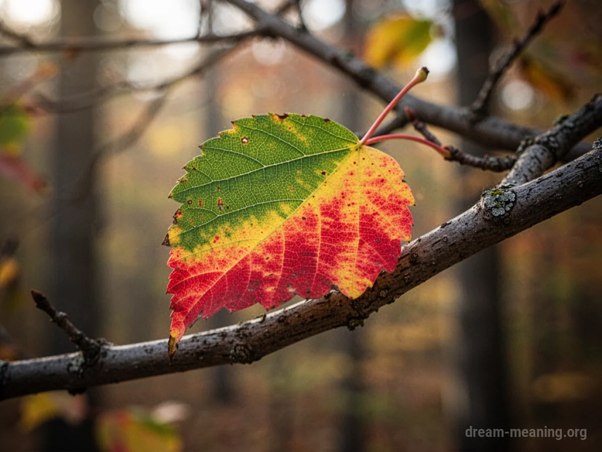 A single leaf on a branch showing a gradient of colors from green to red and yellow.