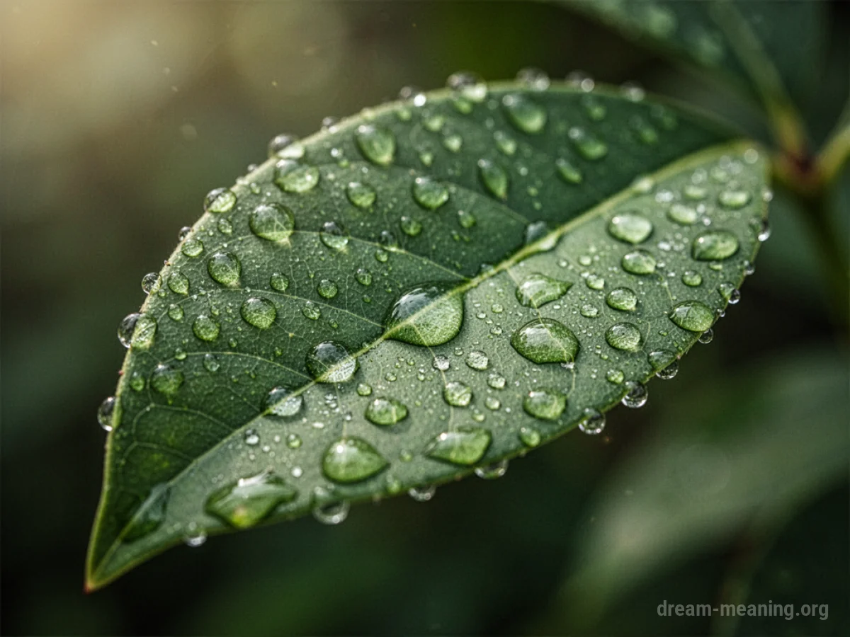 A close-up view of a green leaf covered in tiny water droplets.
