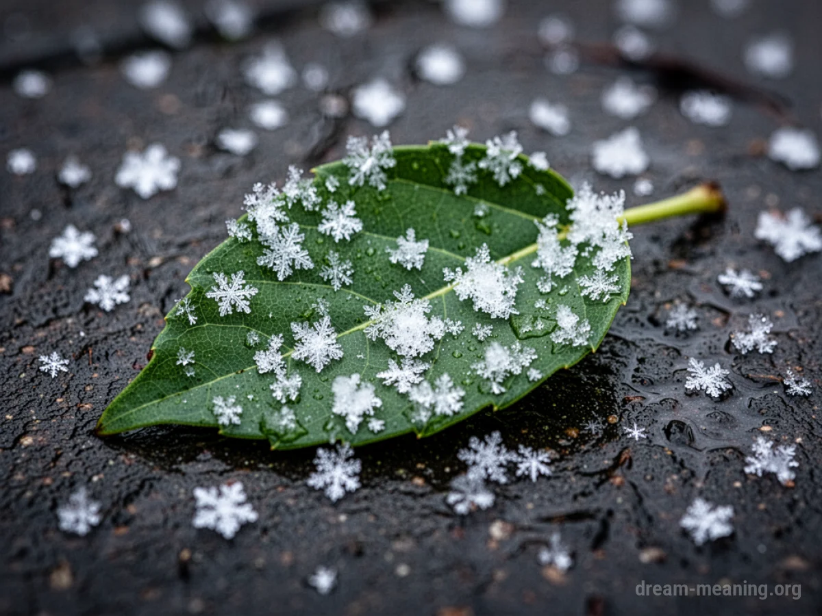A close-up view of a green leaf with white snowflakes resting on its surface.