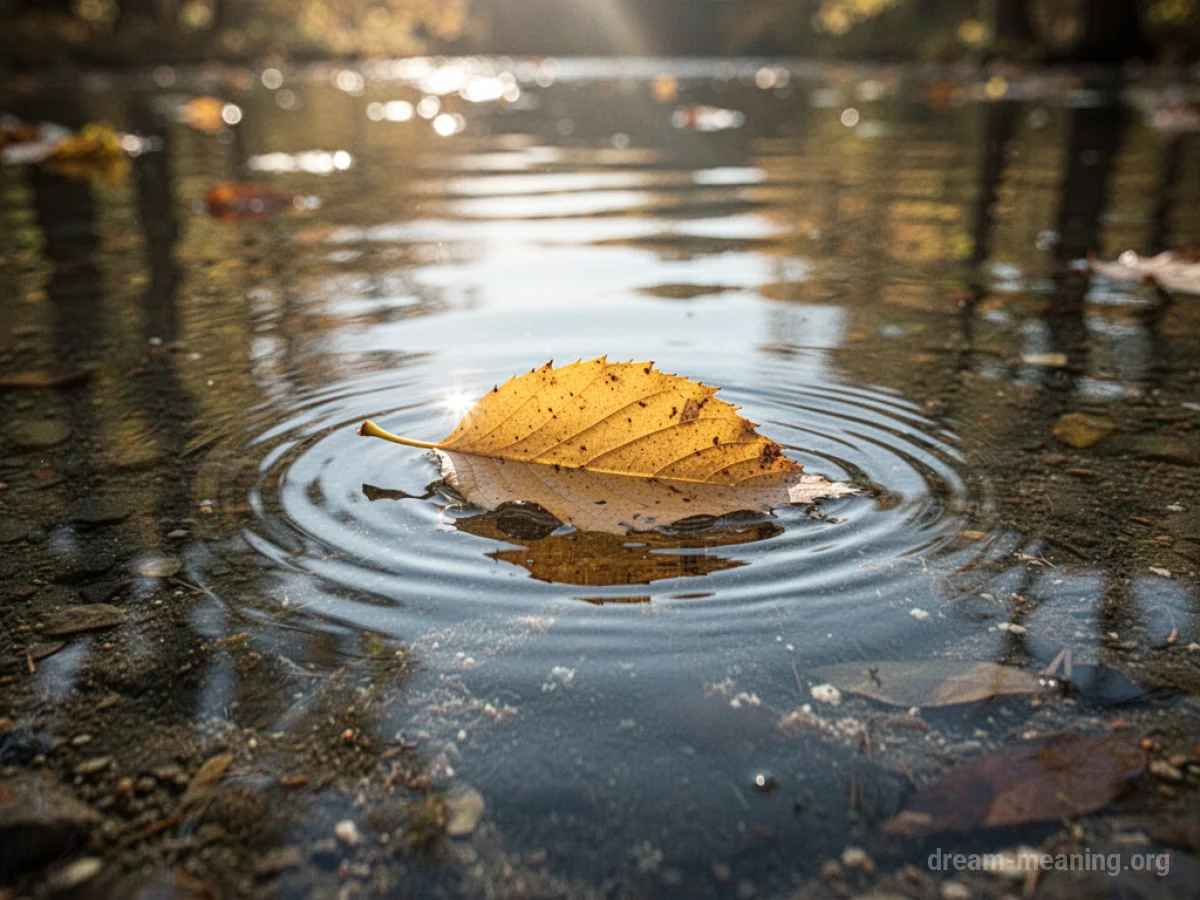 A single leaf floating on calm water with sunlight.